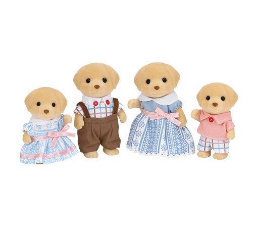 Calico Critters Yellow Labrador family. Mother in a blue patterned dress, Father in brown overalls and plaid shirt. Twin girl has a dress like her mother's and twin boy has plaid shorts and a pink shirt. 