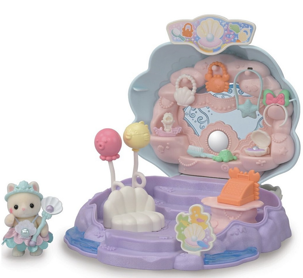 Seashell shaped Baby Mermaid Shop with Calico Critters figure dressed as a mermaid . 