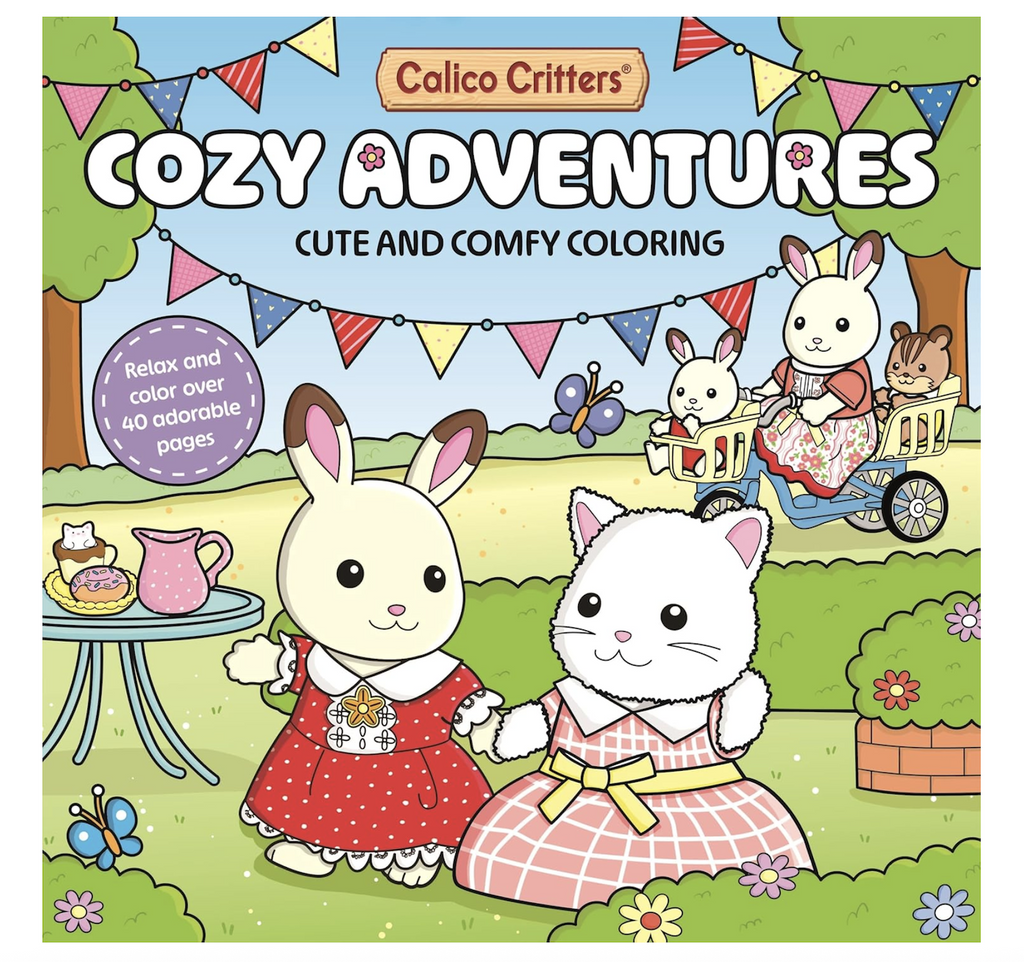 Illustrated cover of Calico Critters Cozy Adventures Cute and Comfy Coloring book with a scene of critters from the village in the park.