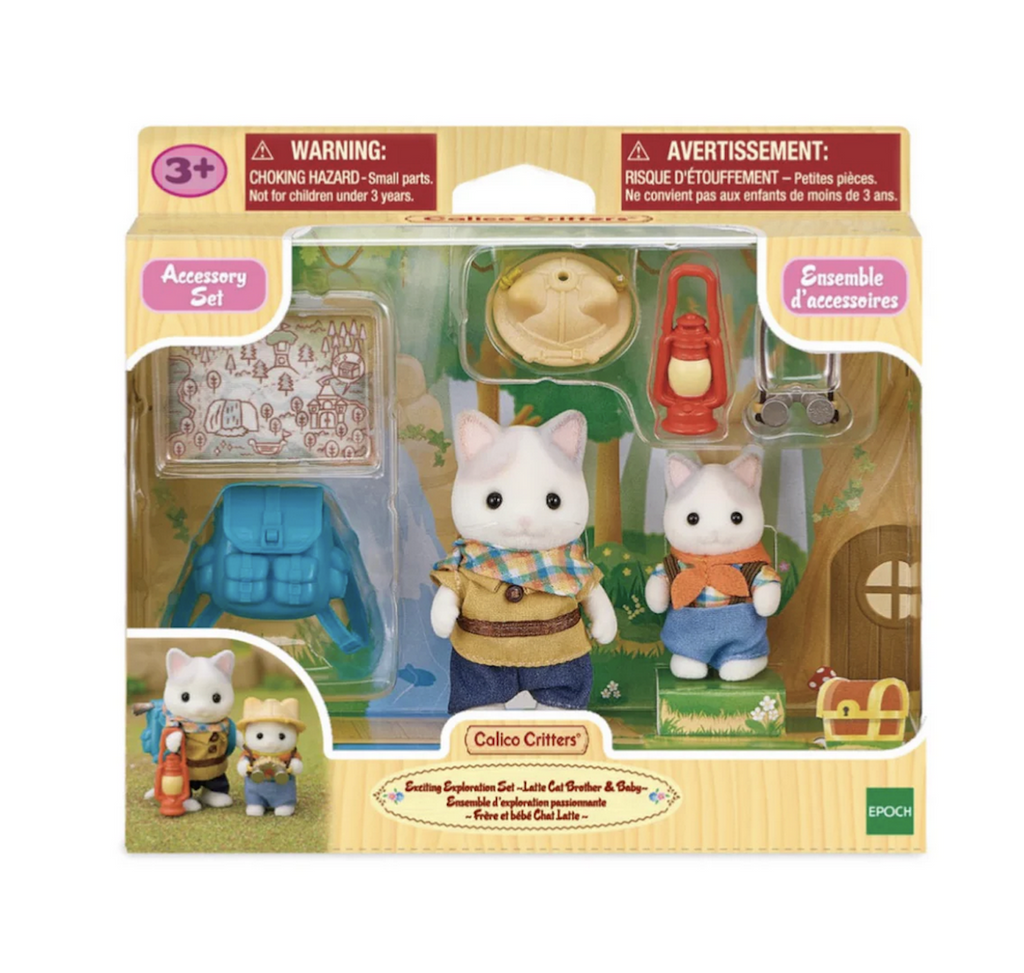 The Calico Critters Exciting Exploration Set box with clear window that shows the critters and accessories included in the set. 