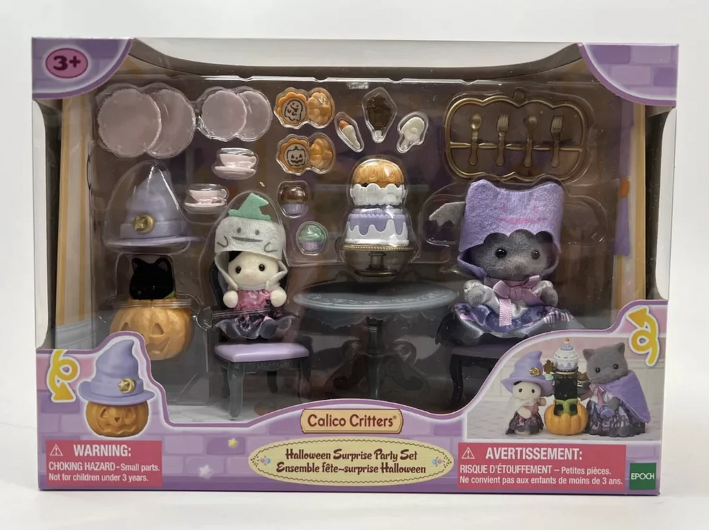 Calico Critters Halloween Surprise Party Set packaged in a clear box showing the critters in costumes and party accessories. 