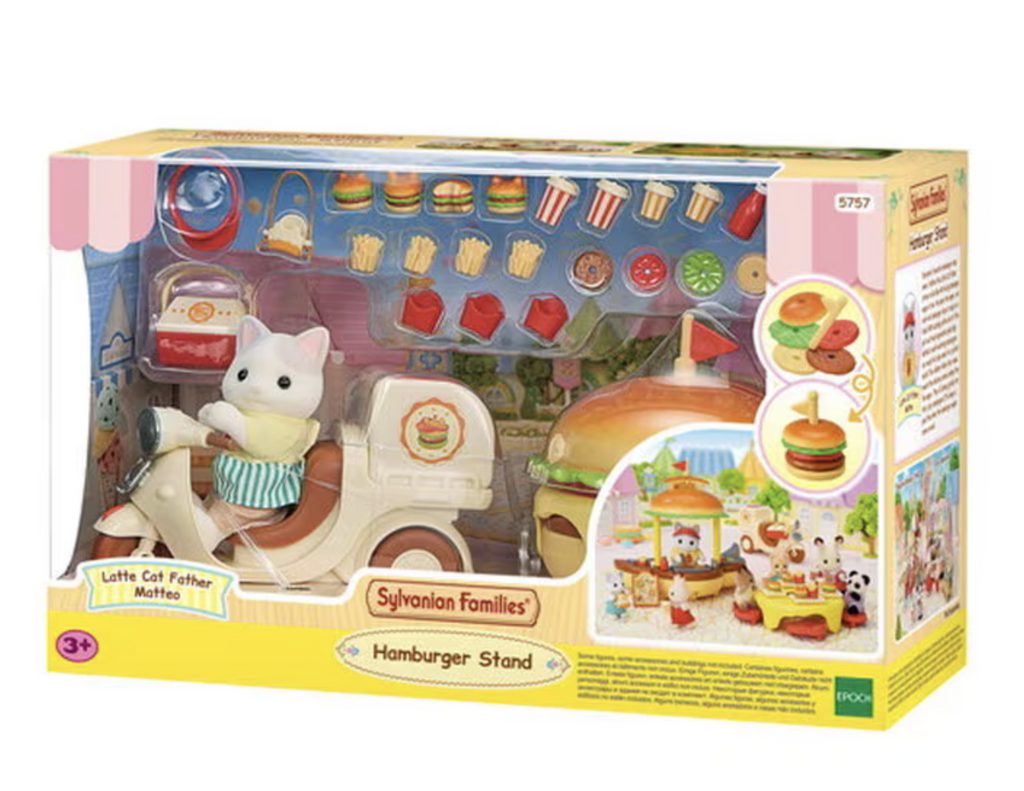 Calico Critters Hamburger Stand packaged in a delightful box showing Matteo the Latte Cat Father figure as well as all the other accessories included. 