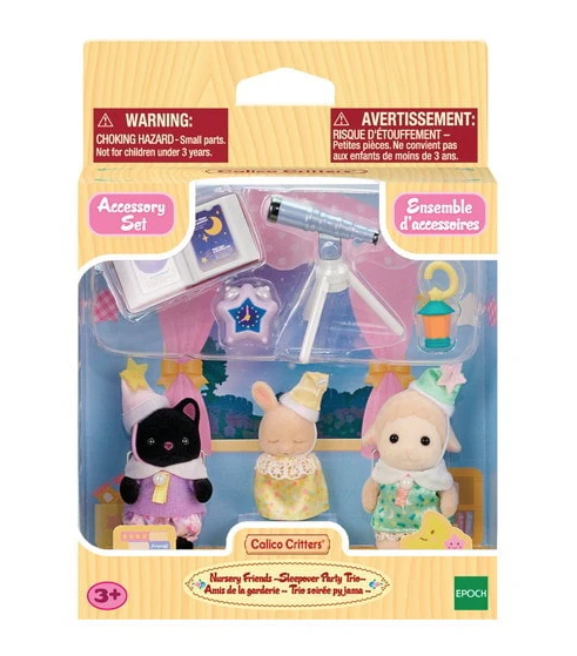 Box with a clear plastic window that shows Calico Critters friends in their pajamas with the telescope and constellation book. 