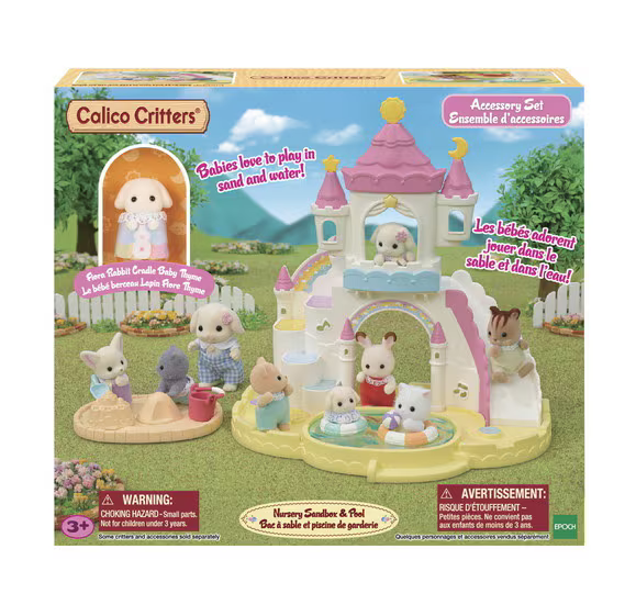 Front of the box for the Calico Critters  Nursery Sandbox and Pool playset. with a picture of lots of Calico Critters babies playing.