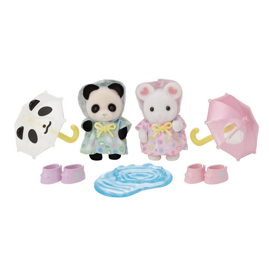 Set of Calico Critters Rainy Day Duo features Pookie Panda Baby and Marshmallow Mouse baby figures in cute rain coats and rain boots with umbrellas and a fun play puddle to jump in.