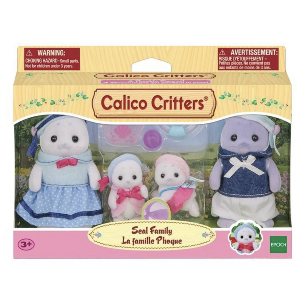 Calico Critters Seal Family packaged in a clear box showing the four figures and accessories. 