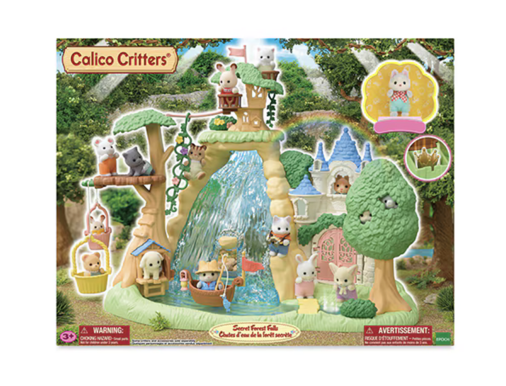 Box for the Calico Critters Secret Forest Falls playset. With a picture of the the playset with Calico Critters playing all over the Forest Falls. 