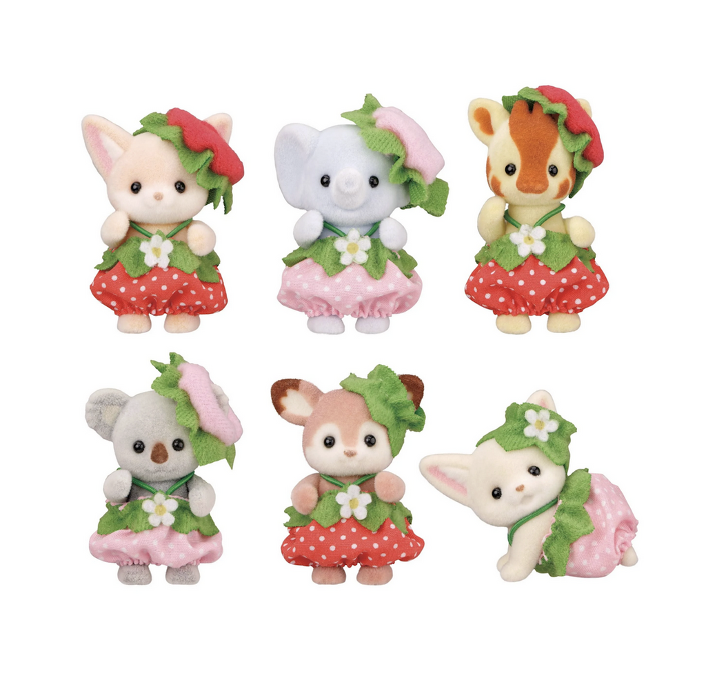 Calico Critters Very Berry Babies. Six different figures dressed in strawberry themed outfits. 