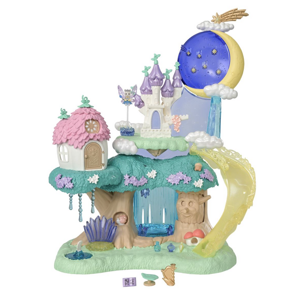 The Calico Critter Woodland Wonder Fairy Castle with a wondrous fairy forest, a magic castle floating in a moonlit sky and the Star Fairy. 