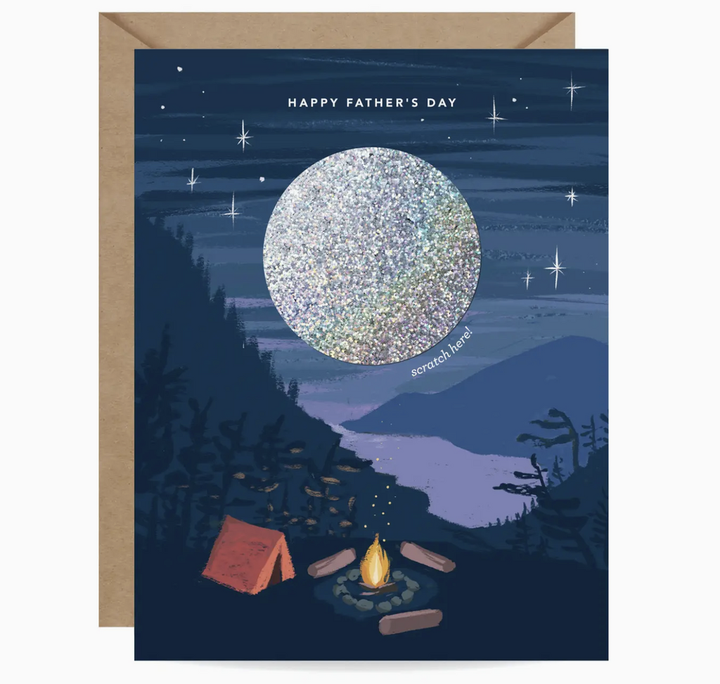 Greeting card with illustrated camping scene with a large glittering moon that reads "Happy Father's Day" 