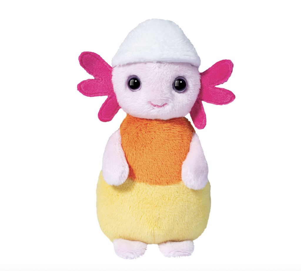 Pink plush axolotl in a candy corn costume on a white background.
