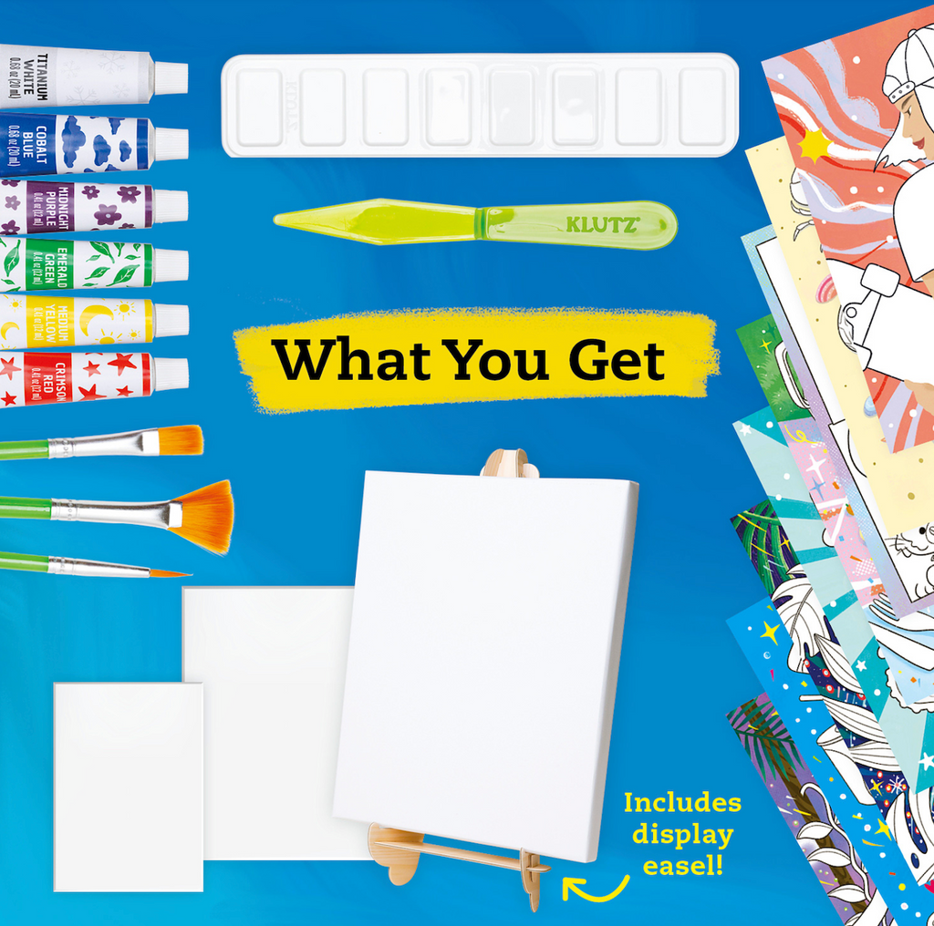 A picture showing a breakdown of all the items included in the Canvas painting Studio Craft Kit. 