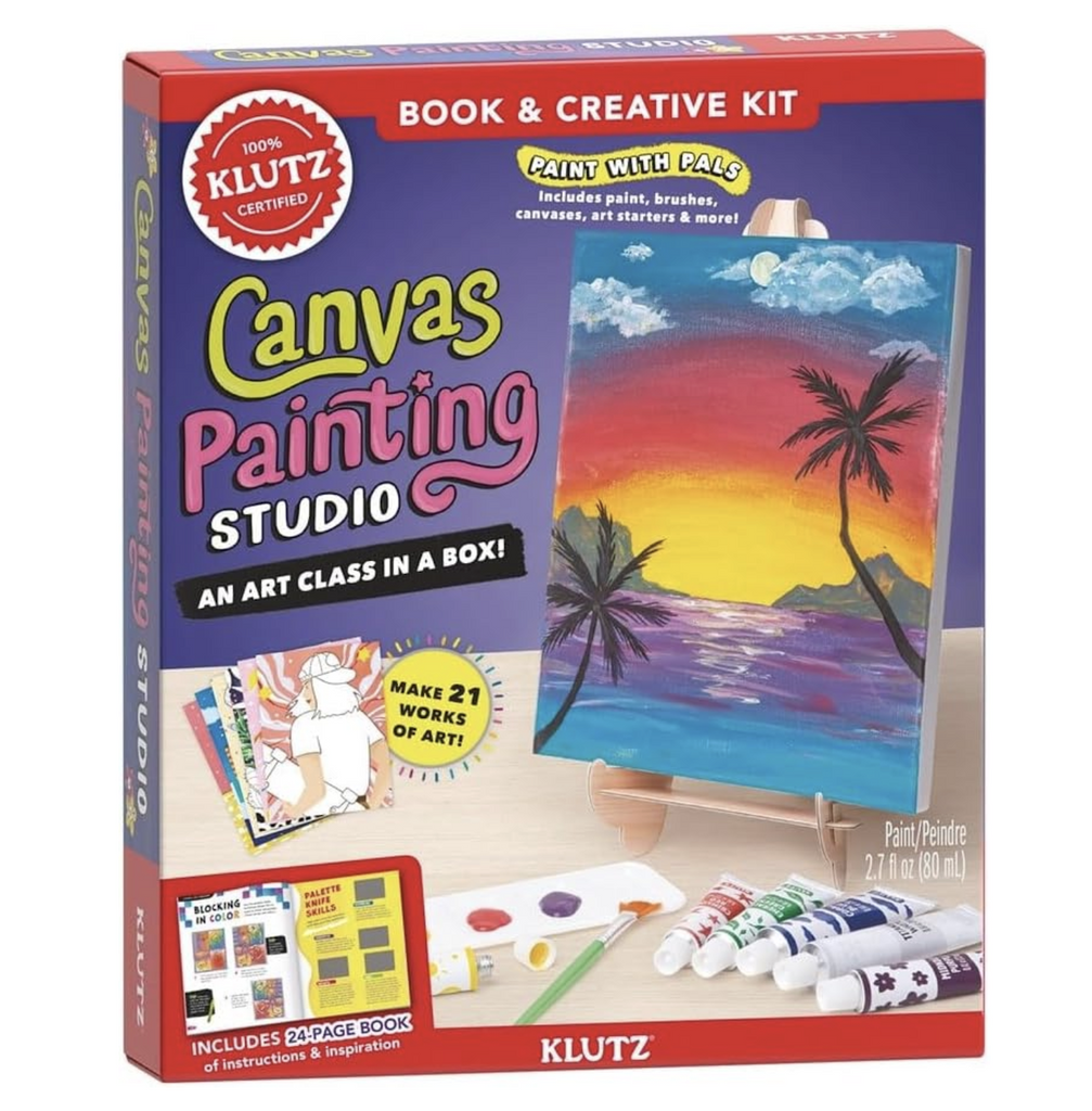 Box containing the Canvas Painting Studio kit with a picture of a completed painting displayed on the included easel. 