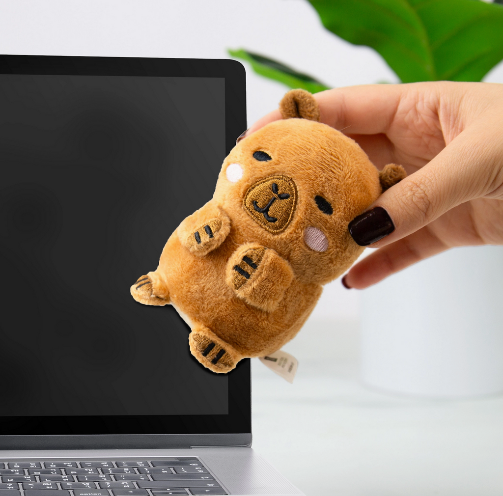 The Capybara Screen Cleaner held in a hand in front of a laptop screen. 