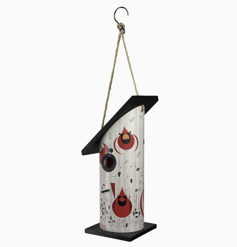 Wooden tube style birdhouse with illustrations of Charley Harper's Cardinal Courtship decorating the bird feeder. A jute rope is attached with a hook to easily place the bird feeder in your yard. 