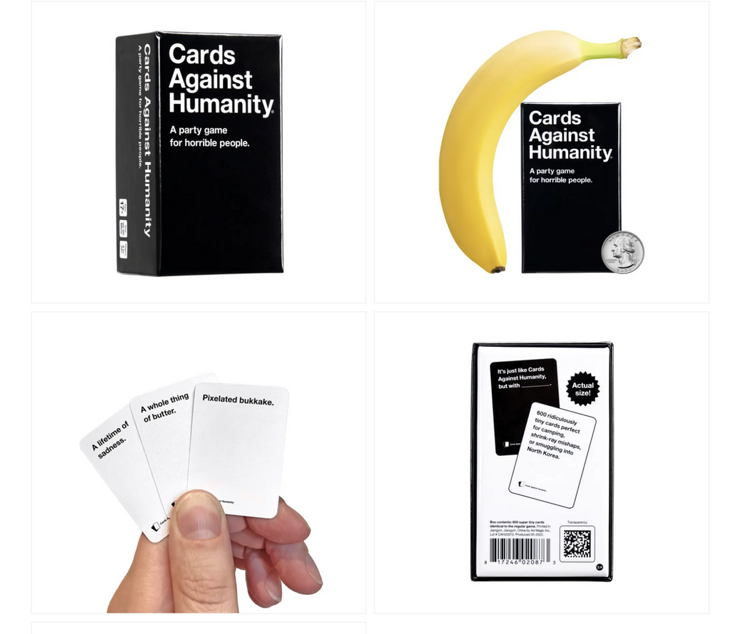 Four views of Cards Against Humanity Tiny Edition including the game box, box with banana and quarter for scale, tiny cards held in a hand and the back of the box. 