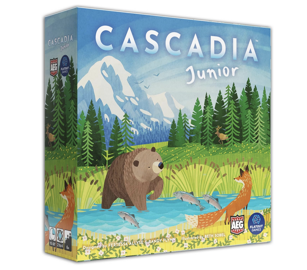 Cascadia Junior game box with an illustrated scene of a bear on a river bank with fish jumping and a snow capped mountain in the background. 