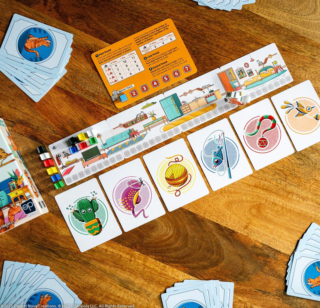 A series of cards from the Cat Between Us game, each have images of toys that may entice a cat to come out of it's hiding place. 