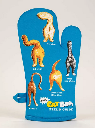 Reverse view of the Cat Butt Oven Mitt, it's bright blue with views of several breeds of cat butts. With the words, Free Cat Butts Field Guide in the bottom right corner. 
