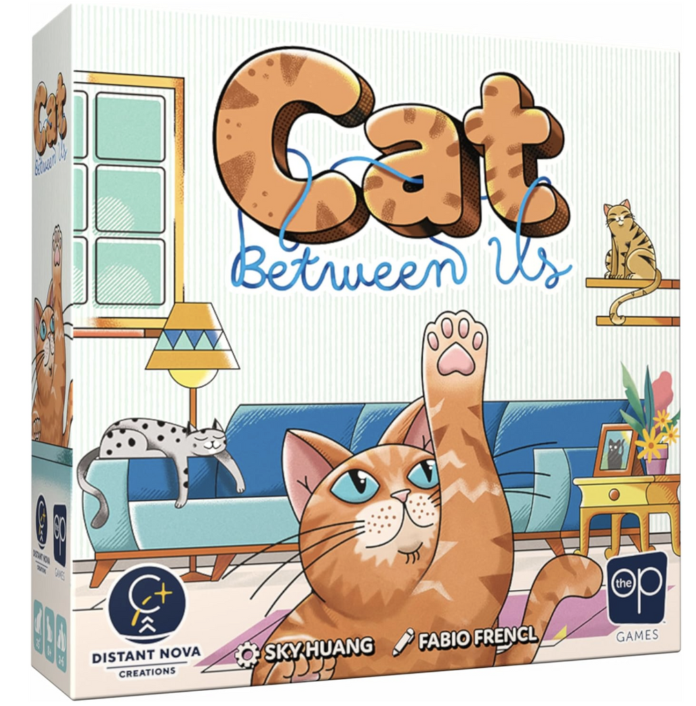 Cover of the Cat Between Us board game with an illustration of cats in a living room with a couch, lamps and side tables. 