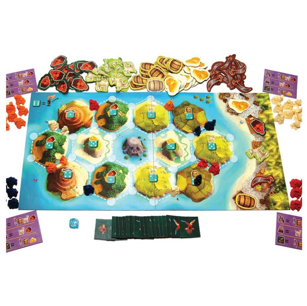 Image of Catan Jr game board, playing cards, pieces, and tokens.