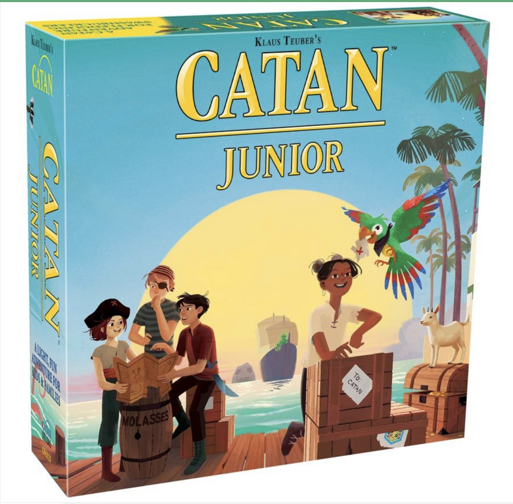 Catan Jr board game box illustrated with children in various seafaring roles included in the game.