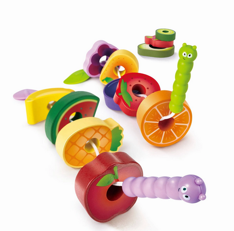 The Caterpillar Fruit Feast set includes two caterpillars on strings and 13 pieces of fruit for them to nibble through!