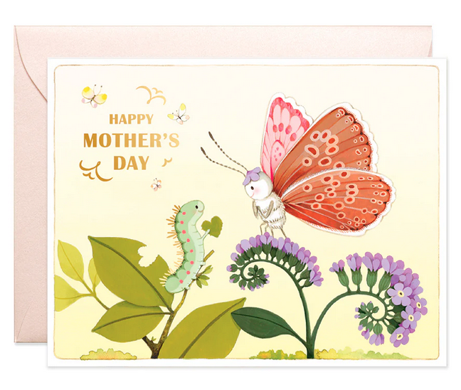 Horizontally positioned greeting card illustrated with a caterpillar and  butterfly perched on flowers that reads "Happy Mother's Day"