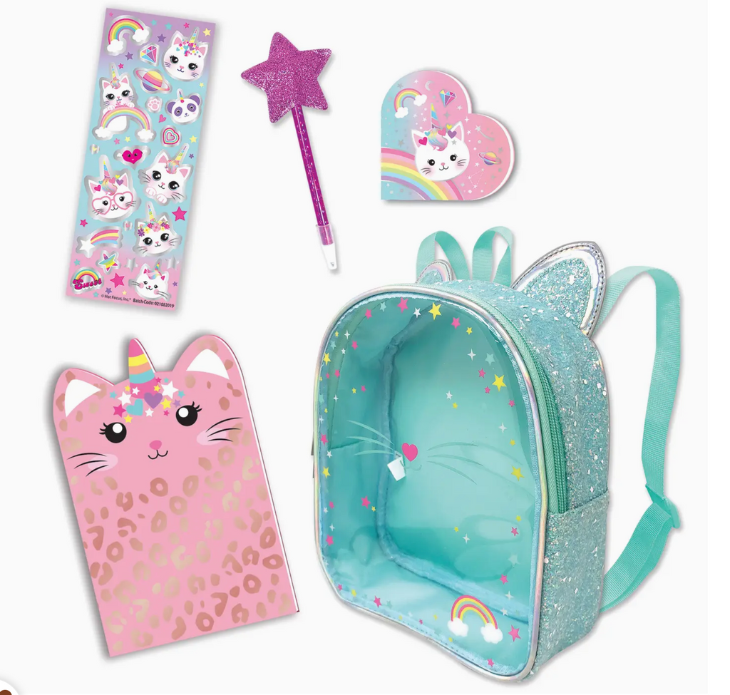 Graphic of all included items: caticorn and pandacorn sticker sheet, star topped pen, small heart shaped notepad, caticorn journal, and mini backpack.