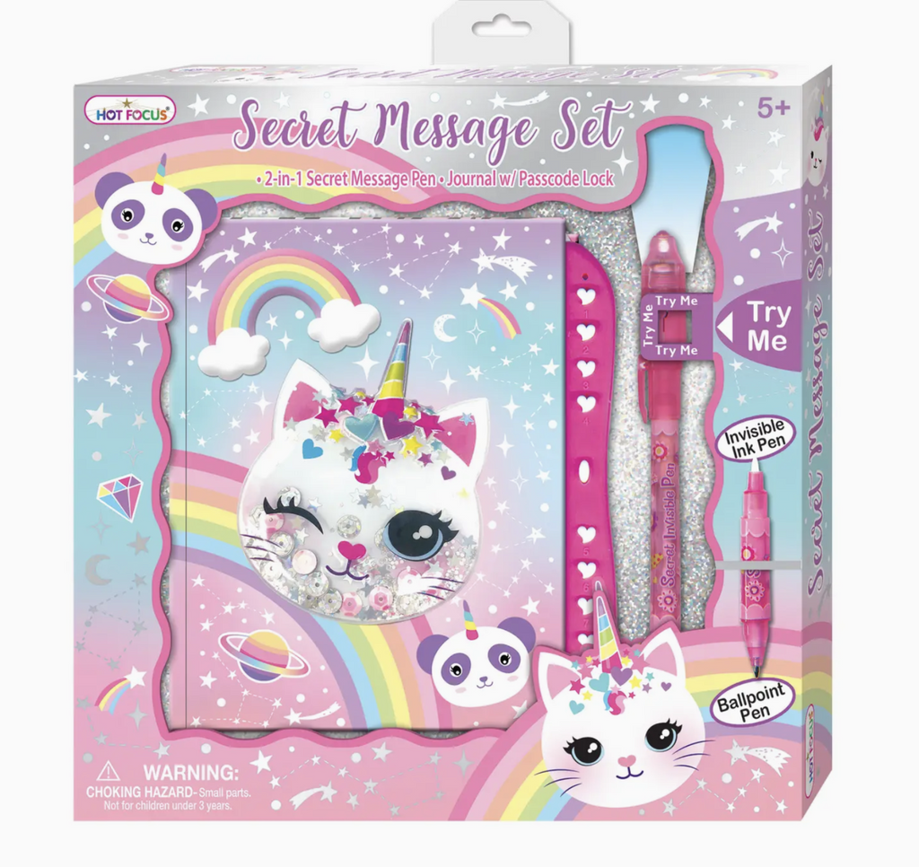 Caticorn 2 in 1 secret message pen and journal set with passcode lock comes in a pastel rainbow box with cute caticorns and pandacorns.
