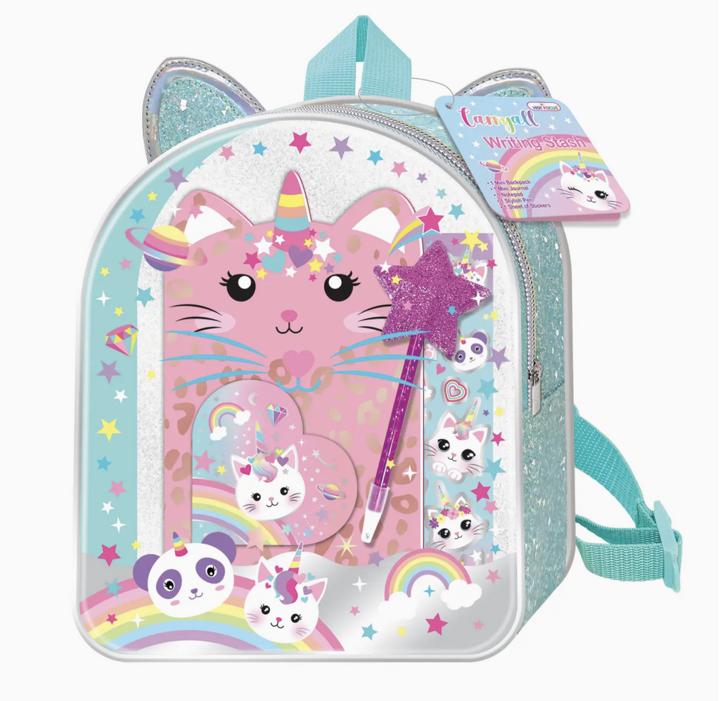 Caticorn shaped journal and glitter star topped pen in a cute blue glitter backpack with cat ears.