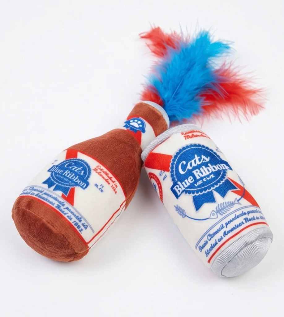 Two plush catnip toys  shaped like a beer can and bottle with blue and red feather accents, labeled 'Cat's Blue Ribbon' .
