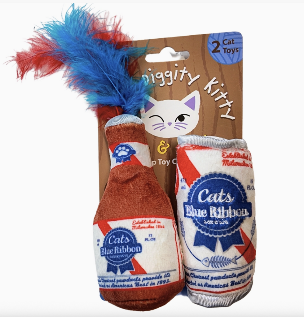 Pair of Cats Blue Ribbon catnip toys. A toy beer bottle with red and blue feathers coming out of the top and a plush beer can with a label that reads "Cats Blue Ribbon" in the classic red, white and blue colors. 