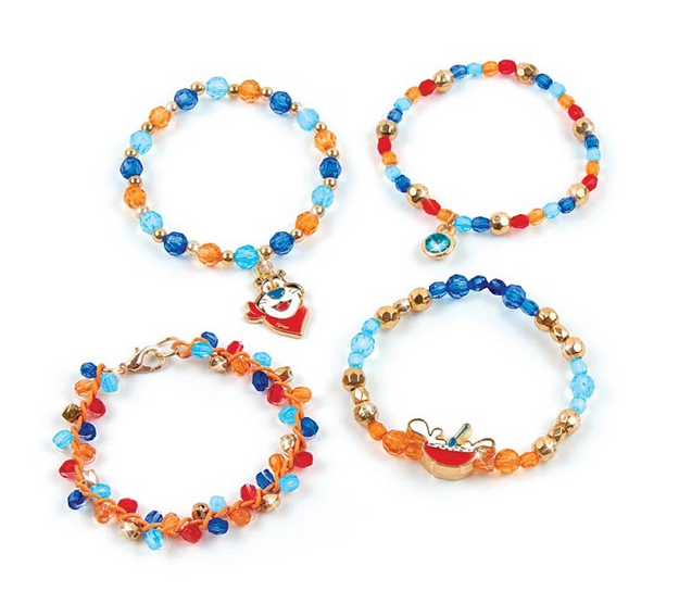 Four completed bracelets from the Kellog's Frosted Flakes Bracelet kit. 