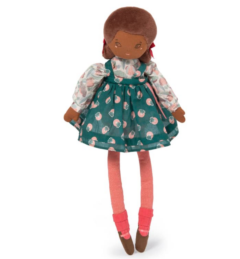  A beautifully crafted doll with a deep cocoa complexion. Dressed in a flouncy, teal floral frock and coordinated puffy sleeves floral blouse. 