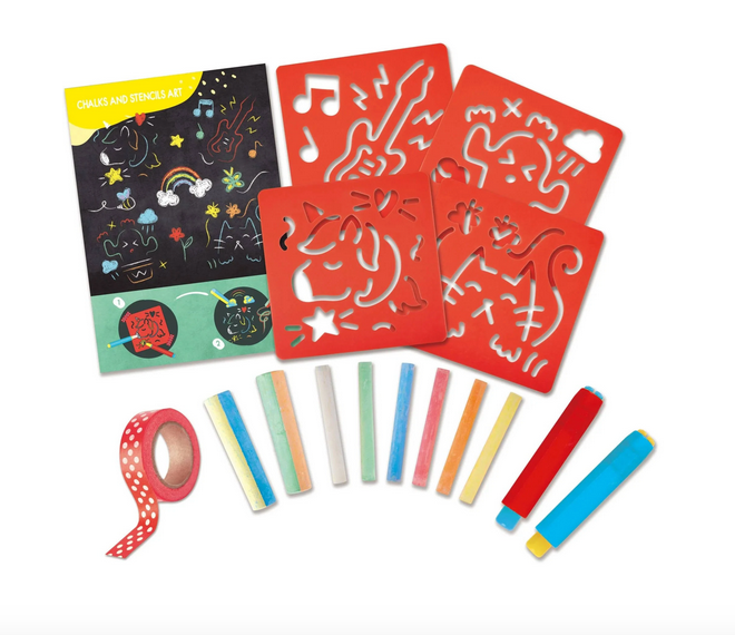 Chalks, stencils, paper, and tape included with the CHalks and Stencils Art Set. 