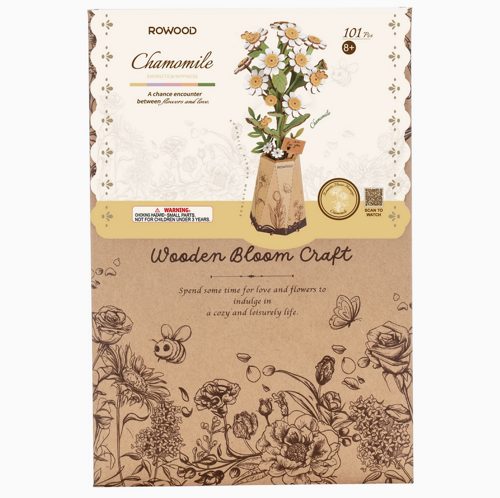 Chamomile 3D Wooden Flower Bouquet package with a picture of the completed model on the front. 