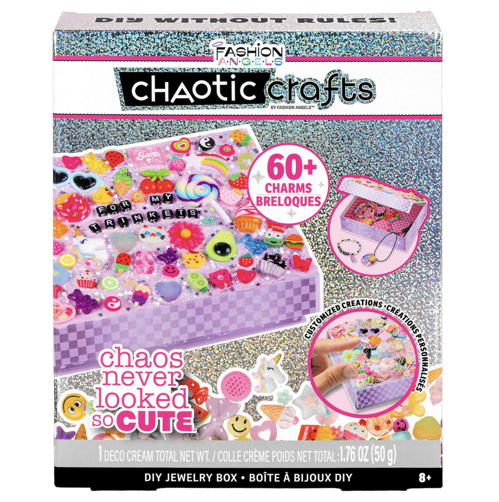 A silver, sparkly box with pictures of a completed jewelry box decorated with all the charms, glitter and letters included in the Chaotic Crafts DIY Jewelry Box kit. 