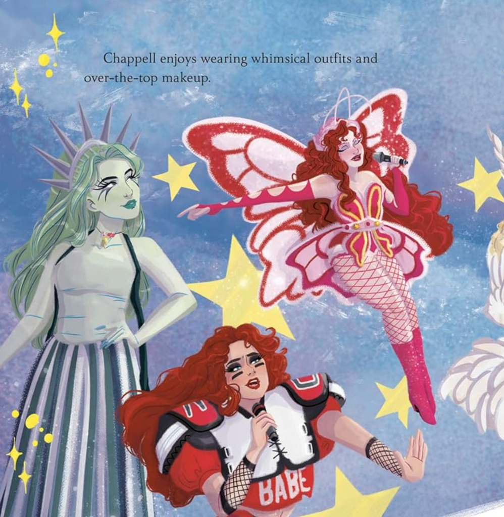 Interior page from A Little Golden Book Chappell Roan with illustrations of Chappell in various costumes singing. 