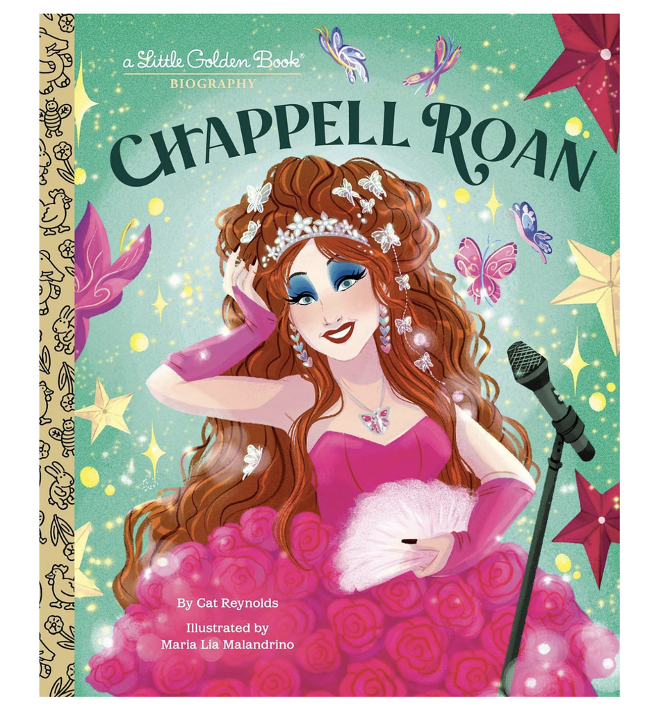 Colorful cover of A Little Golden Book Chappell Roan with an illustrated picture of Chappell Roan wearing a bright, pink dress, with her hair and make-up fixed beautifully. 