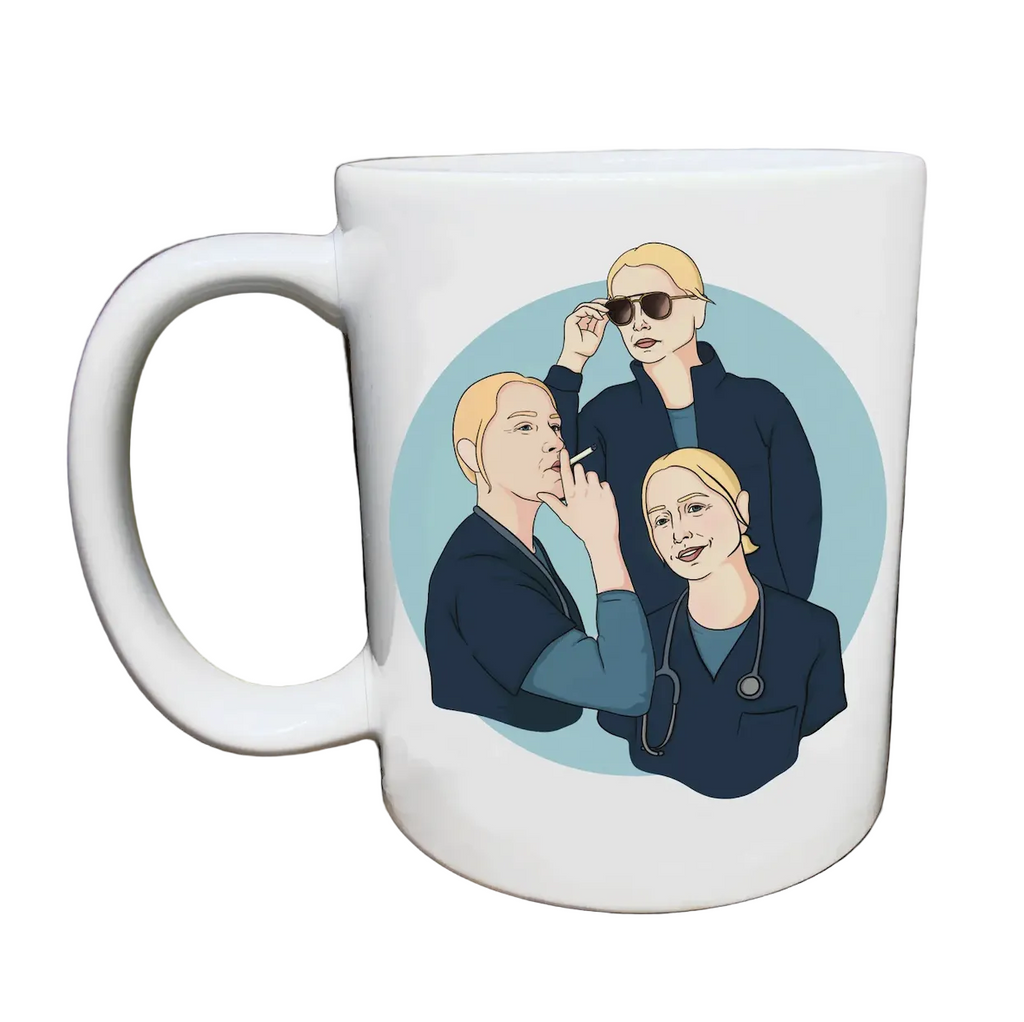White ceramic mug with an illustration of Charge Nurse Dana from The Pitt. 
