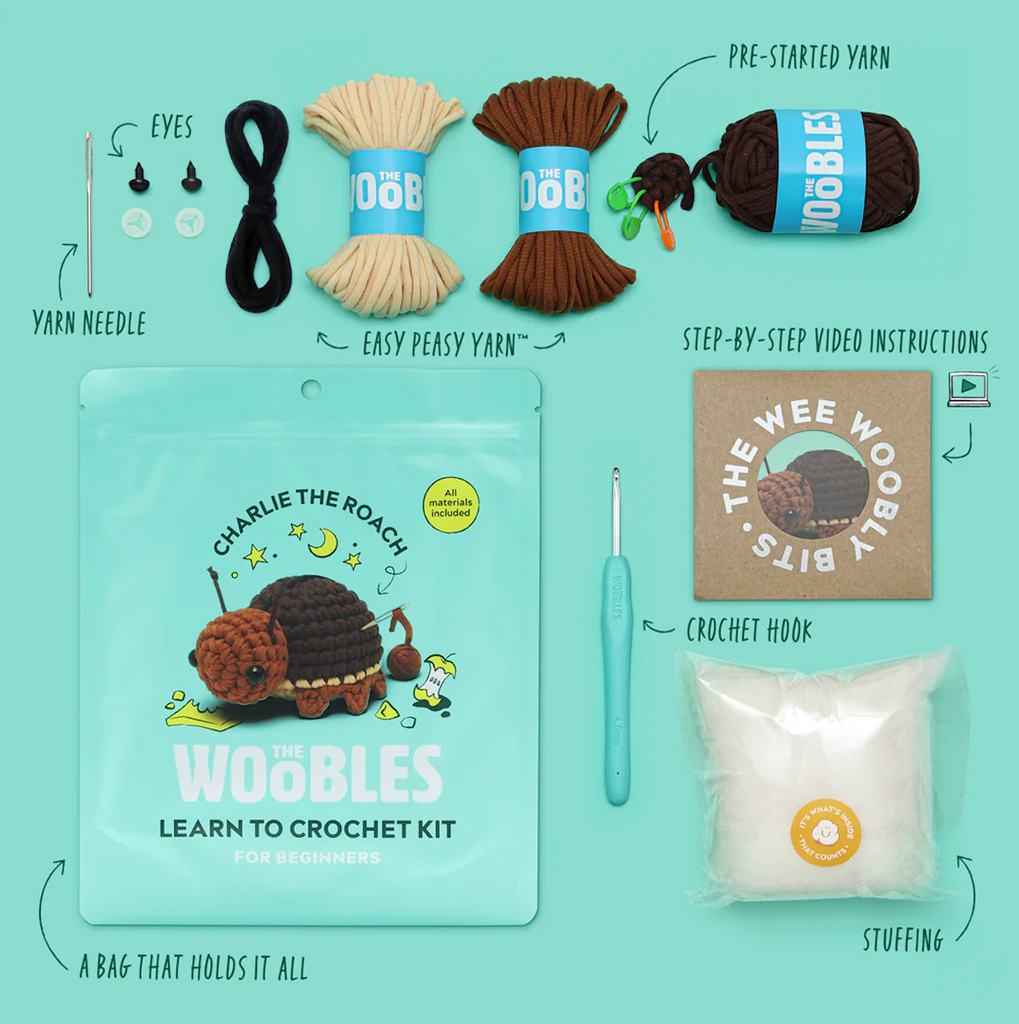 Learn to crochet kit with four yarn colors, hook, yarn needle, plastic eyes, and stuffing, all included in the beginner kit that allows you to make Charlie the Roach. 
