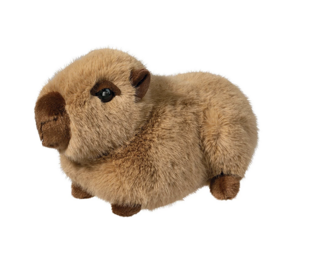 Really big plush Chattie Capybara plush toy. With scruffy tan fur, big eyes and short stubby legs. 