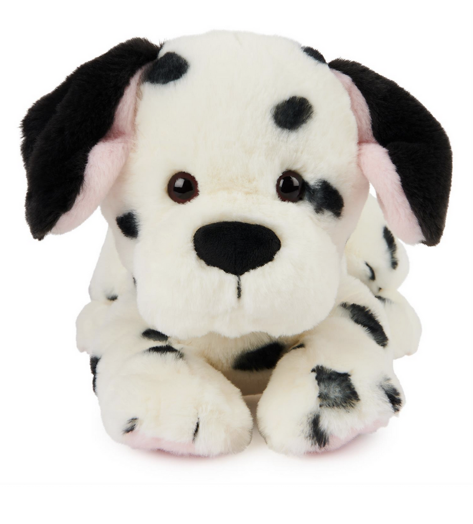 Checkers the Dalmatian puppy with classic white-and-black spotted plush, matching short black ears, and embroidered paws. 