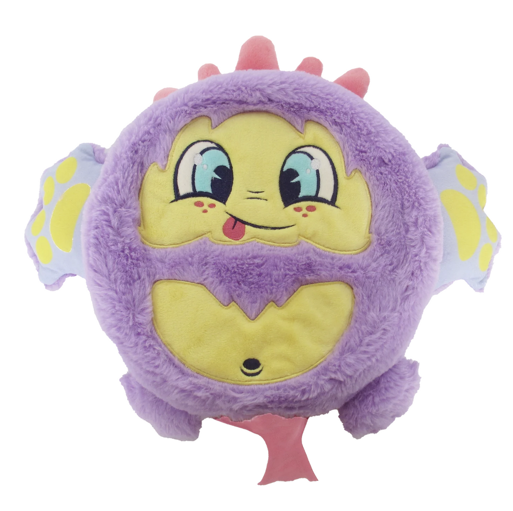 Cheeky the grape scented Fart Monster plush toy that has a self inflating whoopee cushion inside. Cheeky has  purple and yellow fur and a silly face. 