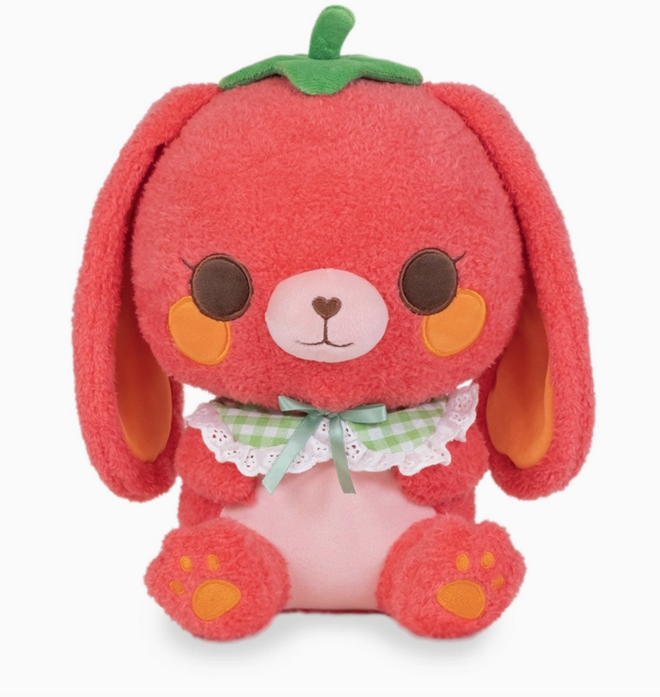 Cheerie the Tomato Bunny plush with tomato red fur and a green stem atop her head. She has a pink belly and green and white gingham collar.