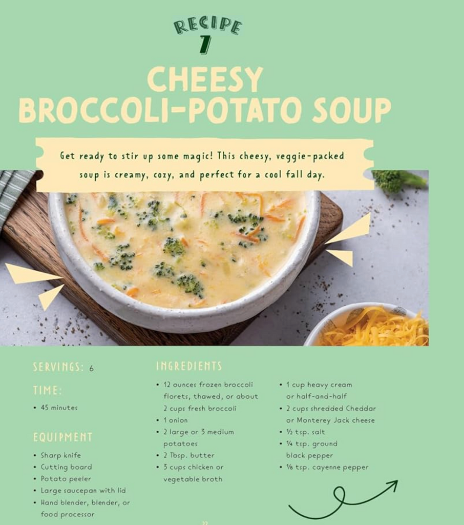 Interior page featuring a recipe for cheesy broccoli-potato soup with a bowl of soup and list of ingredients. 