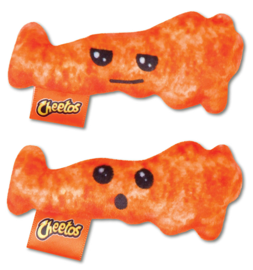Two individual plush crunchy Cheetos with funny faces printed on them. 