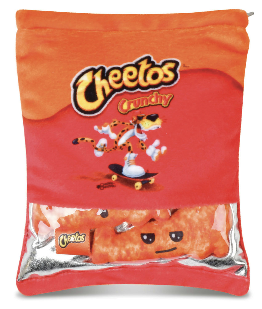 Plush, bright orange Crunchy Cheetos bag filled with two little crunchy guys. 