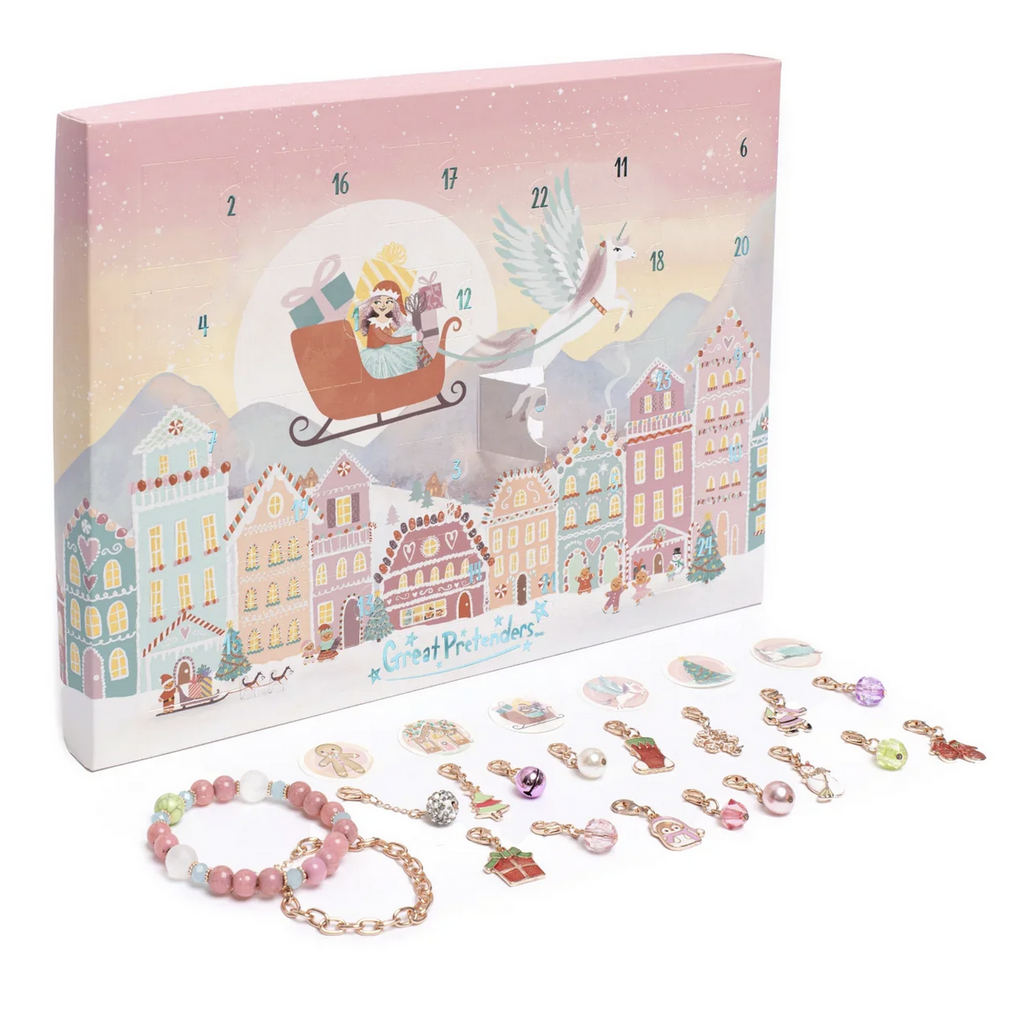 Cherished Charms Jewelry Advent Calendar with two bracelets, charms, and stickers to create your own bracelet. 